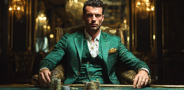 CrownGreen confident man in emerald green velvet suit holding whiskey glass in VIP lounge