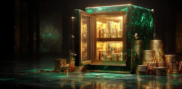 CrownGreen luxurious emerald casino entrance with golden lights and marble floor