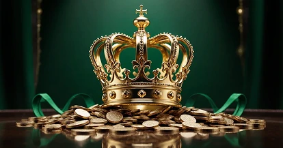 Luxurious golden crown on a pile of gold coins, symbolizing royal wins at Crowngreen casino