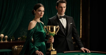 Elegant couple in green formal attire holding a golden trophy, celebrating victory at Crowngreen casino